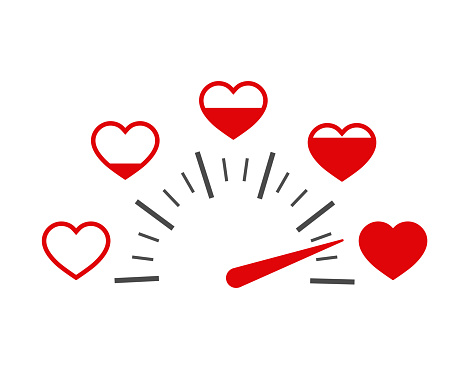 Love heart indicator.Full heart of love with speedometer icon. Love meter of Valentine's day in flat style.Measuring indicator of red hearts. vector eps10
